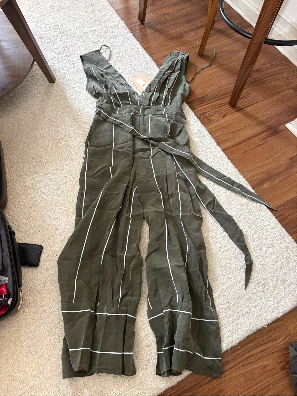 Anthropologie Green Striped V-Neck Jumpsuit